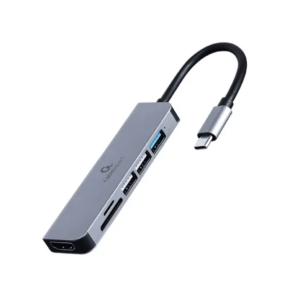 GEMBIRD Adaptorul multiport Gembird A-CM-COMBO6-02, USB de tip C 6-in-1, conec PC USB Type C, USB-C x 1, USB-A 2.0 x 3, HDMI x 1, SD card, Argintiu