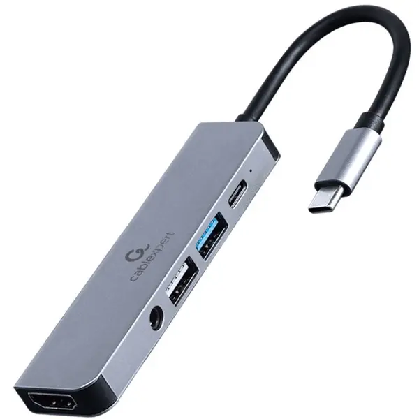 GEMBIRD Docking Station Gembird universal, 5-in-1, conectare PC USB Type C,USB-C x 1, USB-A 3.1 x 1, USB-A 2.0 x 1, porturi video HDMI x 1, PD 87 W, Audio, Argintiu