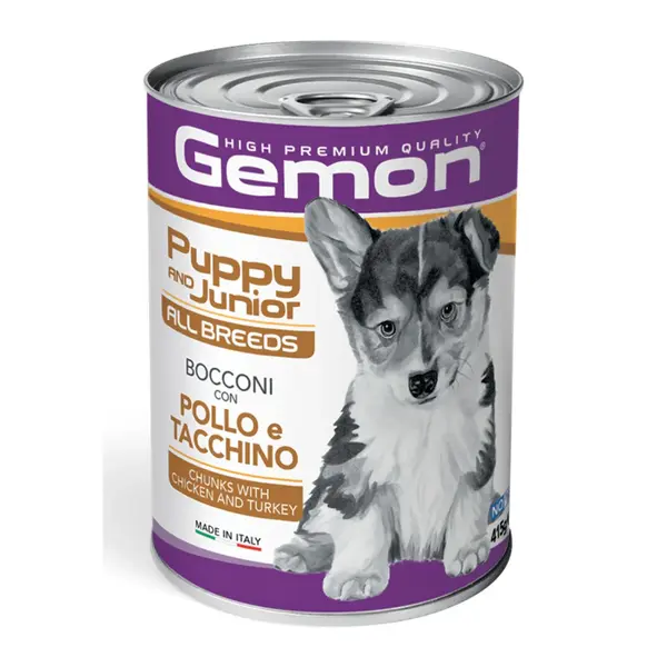 GEMON All Breeds Puppy and Junior, XS-XL, Pui și Curcan, conservă hrană umedă câini junior, (în aspic), 415g