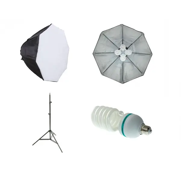Generic Kit lumina continua foto video cu 4 becuri E27, softbox octogonal 70cm si stativ 75-205cm