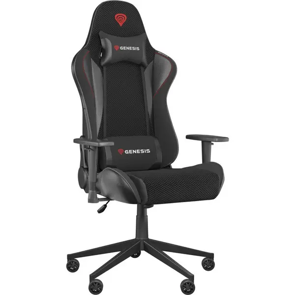 Genesis Scaun gaming Genesis Nitro 440 G2, material Synthetic PU + Textil, reglabil pe inaltime, greutate maxima suportata 120 kg, inaltime scaun reglabil 45- 52 cm, sezut si spatar textil ajustabil 150°, dimensiuni roti 60mm, Negru