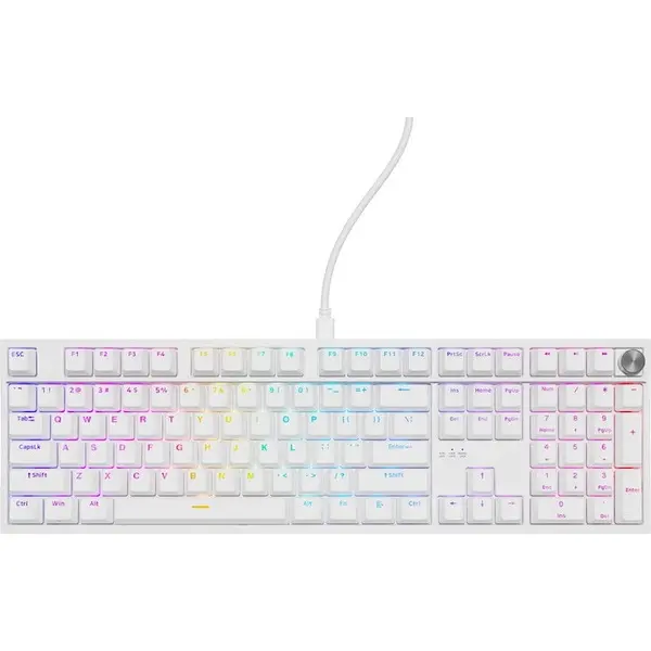 Genesis Tastatura gaming mecanica cu fir Genesis Thor 404, iluminare RGB, switch Linear, switch model Gateron Yellow Pro, numar taste 107, 11 butoane multimedia, Alb