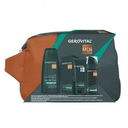 Gerovital Men borseta 37750 (Spuma ras mentol 200ml+ balsam ras 100ml + Gel dus revigorant 3 in 1 400ml) 1 pach. Farmec