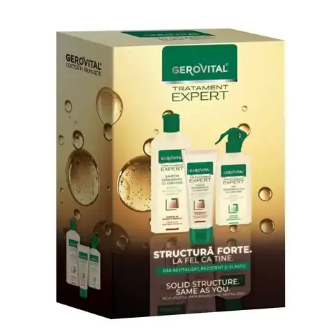 Gerovital Tratament Expert caseta 44440 (Sampon regenerant 250ml + Masca regeneranta150ml + Ser termoprotector 150ml) 1 pach. Farmec
