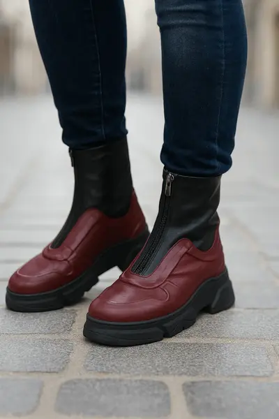 Ghete Casual Dama din Piele cu Fermoar Bordo - FALY