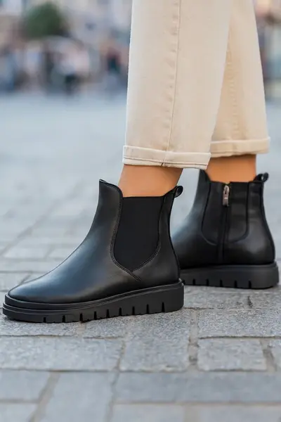 Ghete Casual Dama din Piele Negre cu Elastic si Fermoar - YP