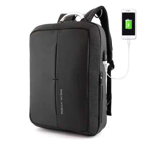 Ghiozdan Mark Ryden, compatibil cu laptop 15.6 inch si tableta 9 inch, port USB, blocare TSA, impermeabil, ergonomic, 18L, antifurt, rezistent la uzura, negru