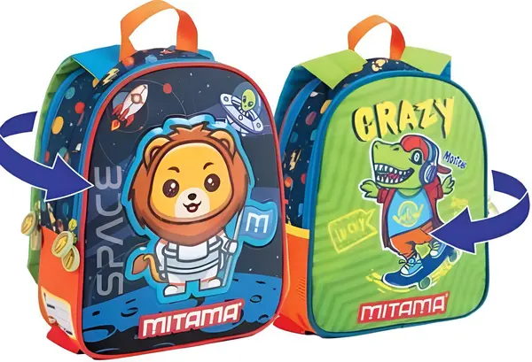 Ghiozdan pentru grădiniță cu două feţe Mitama Spinny - Lion & Skate