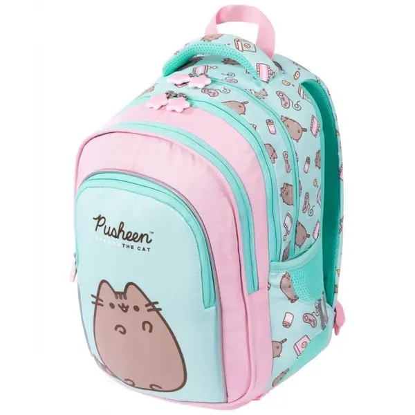 Ghiozdan scoala St. Majewski Pusheen, 4 compartimente, verde menta cu roz, 20x18x40 cm