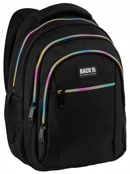 Ghiozdan școlar BackUp 8 O - Black, cu 3 compartimente , fermoare colorate