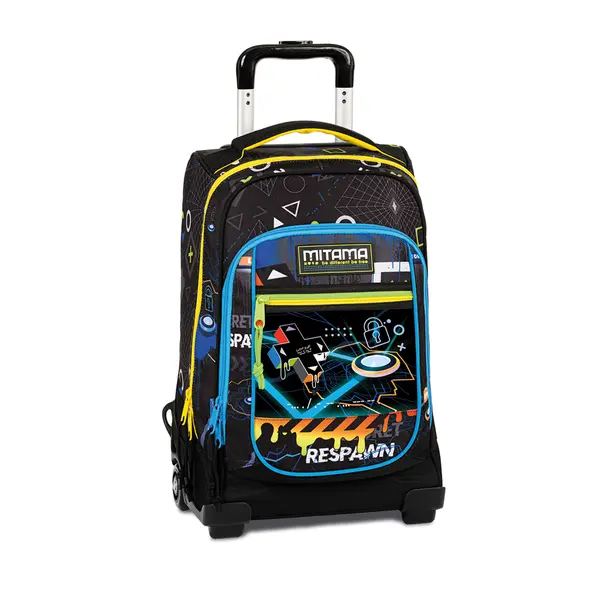Ghiozdan trolley, 51x35x27 cm, Mitama Dr Junior, negru/albastru si galben