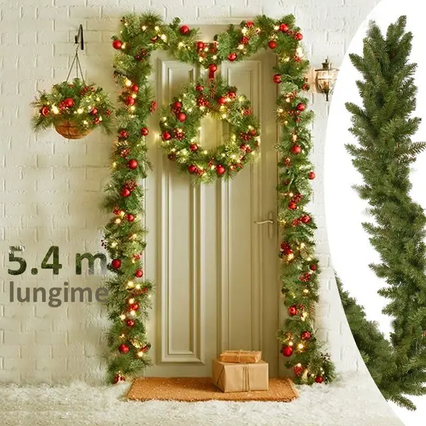 Ghirlanda decorativa din brad artificial, molid scandinav, lungime 5.4 m, verde natural, aspect bogat