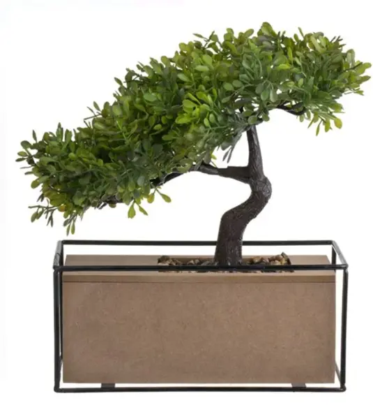 Ghiveci cu planta artificiala Bonsai si baza din lemn, 21x11x28 cm
