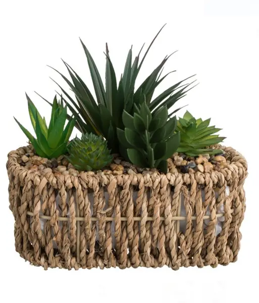 Ghiveci decorativ din rafie cu plante artificiale suculente, 19x8x17 cm