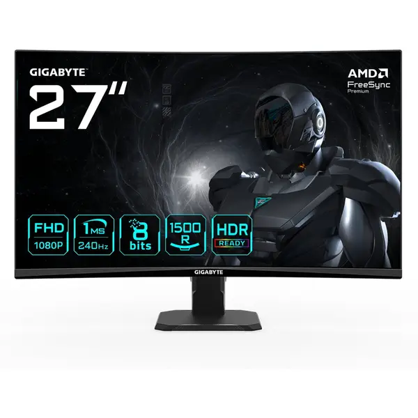 Gigabyte Monitor gaming curbat Gigabite GS27FC2, 68,6 cm (27 inci), FullHD, VA, curbat, HDR-Ready, panou 240Hz, Negru