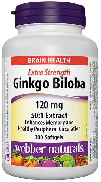 Ginkgo Biloba Extra Strength, 120 mg, 300 capsule gelatinoase moi, Webber Naturals
