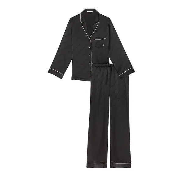 Glazed satin long pajama set - black Xl