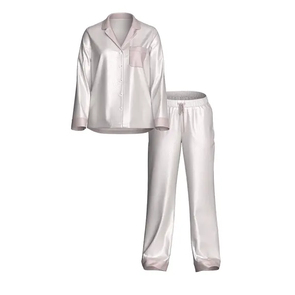 Glazed satin long pajama set - white / ivory S