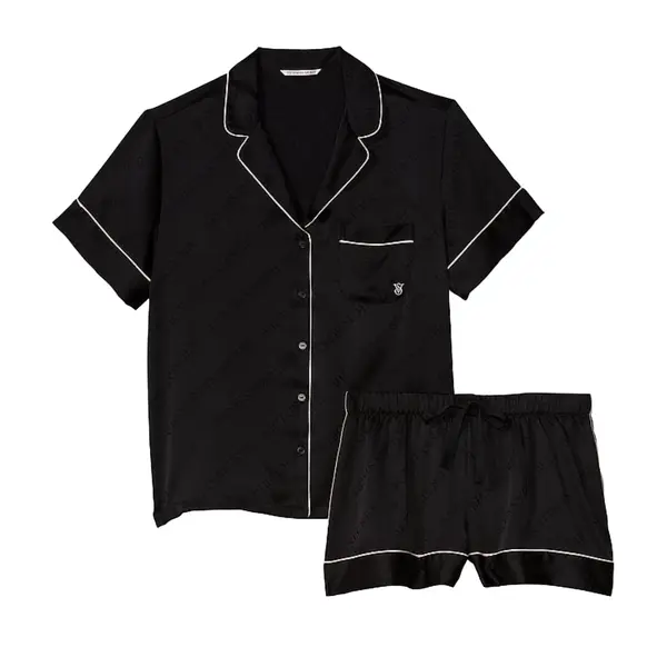 Glazed satin short pajama set - black L