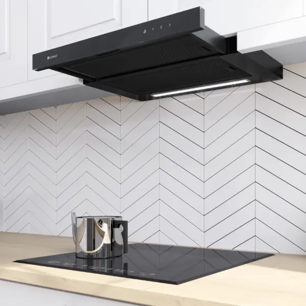 Globalo Hota incorporabila Teslo 60.1 Black. Clasa energetica B, latime 59,6 cm, adancime 28,5 cm, control tactil cu display LED, gama de viteza: 3 trepte, randament max. 575 mc/h, Neagra