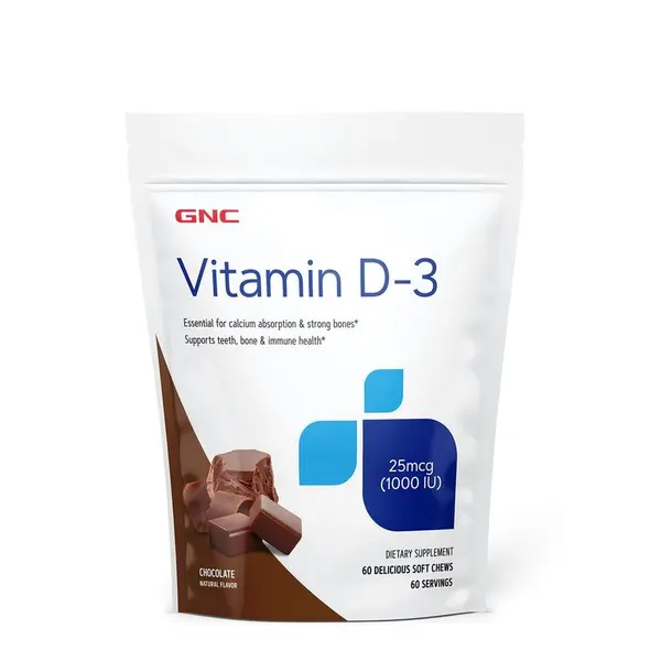 GNC Vitamina D-3 1000 UI Naturala 100% din Lanolina, cu Aroma de Ciocolata | 60 Caramele