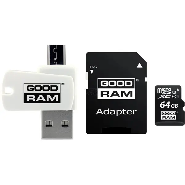 GOODRAM Card Memorie MicroSDXC GoodRam, 64 GB, Clasa 10 / UHS-1 U1, Cu Cititor Card Si Adaptor SD M1A4-0640R12