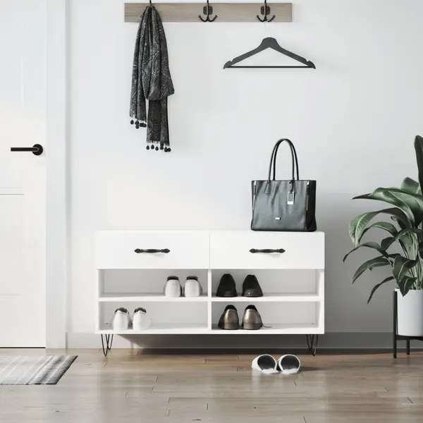 Gossi bancheta pantofar, alb extralucios, 102x35x55 cm, lemn compozit