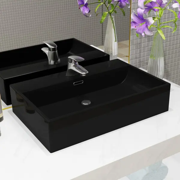 Gossi bazin cu orificiu robinet ceramica, 60,5x42,5x14,5 cm, negru