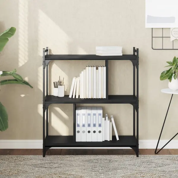 Gossi biblioteca cu 3 niveluri, negru, 76x32x88 cm, lemn prelucrat