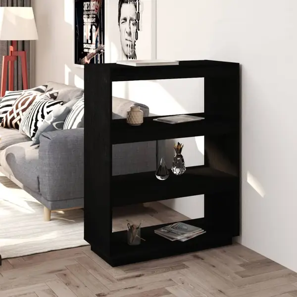 Gossi biblioteca/separator camera, negru, 80x35x103cm, lemn masiv pin