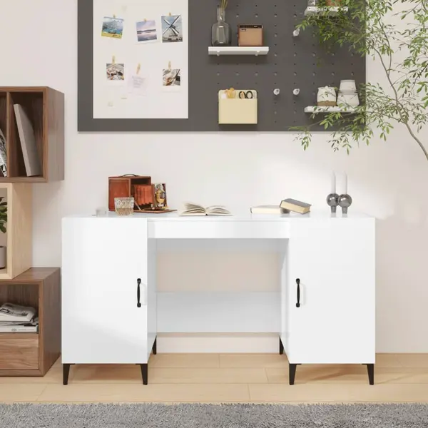 Gossi birou, alb extralucios, 140x50x75 cm, lemn compozit