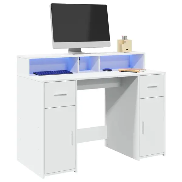 Gossi birou cu lumini led, alb, 120x55x91 cm, lemn prelucrat