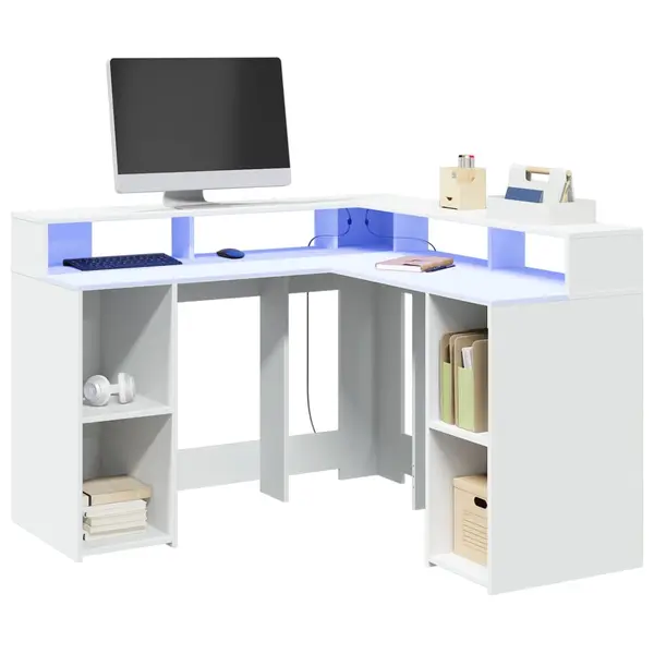 Gossi birou cu lumini led, alb, 130x130x91 cm, lemn prelucrat