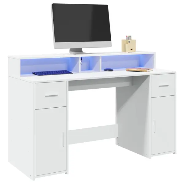 Gossi birou cu lumini led, alb, 140x55x91 cm, lemn prelucrat