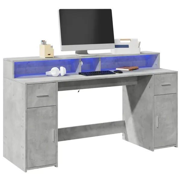 Gossi birou cu lumini led, gri beton, 160x55x91 cm, lemn prelucrat