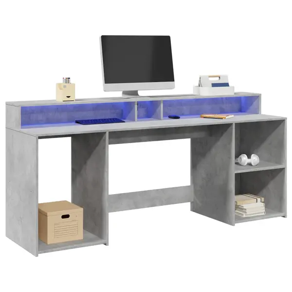 Gossi birou cu lumini led, gri beton, 200x55x91 cm, lemn prelucrat
