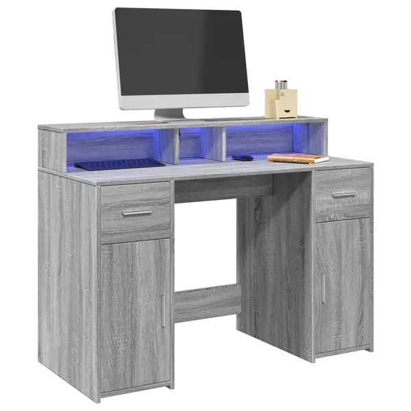 Gossi birou cu lumini led, gri sonoma, 120x55x91 cm, lemn prelucrat
