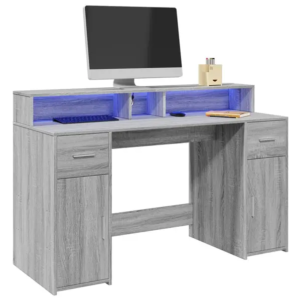 Gossi birou cu lumini led, gri sonoma, 140x55x91 cm, lemn prelucrat