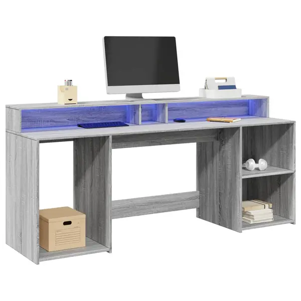 Gossi birou cu lumini led, gri sonoma, 200x55x91 cm, lemn prelucrat