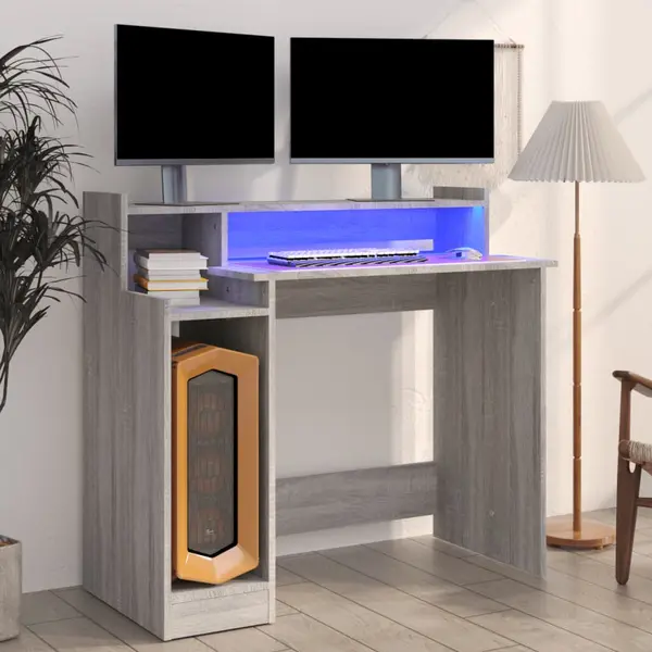 Gossi birou cu lumini led, gri sonoma, 97x90x45 cm lemn prelucrat