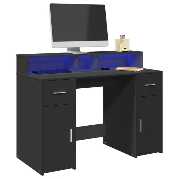 Gossi birou cu lumini led, negru, 120x55x91 cm, lemn prelucrat