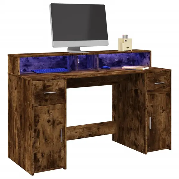 Gossi birou cu lumini led stejar fumuriu 140x55x91 cm lemn prelucrat