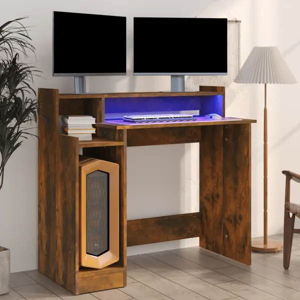 Gossi birou cu lumini led, stejar fumuriu, 97x90x45 cm lemn prelucrat