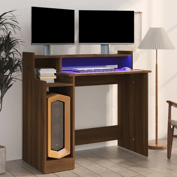 Gossi birou cu lumini led, stejar maro, 97x45x90 cm, lemn prelucrat