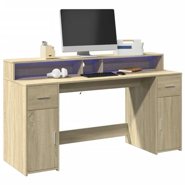 Gossi birou cu lumini led stejar sonoma, 160x55x91 cm, lemn prelucrat
