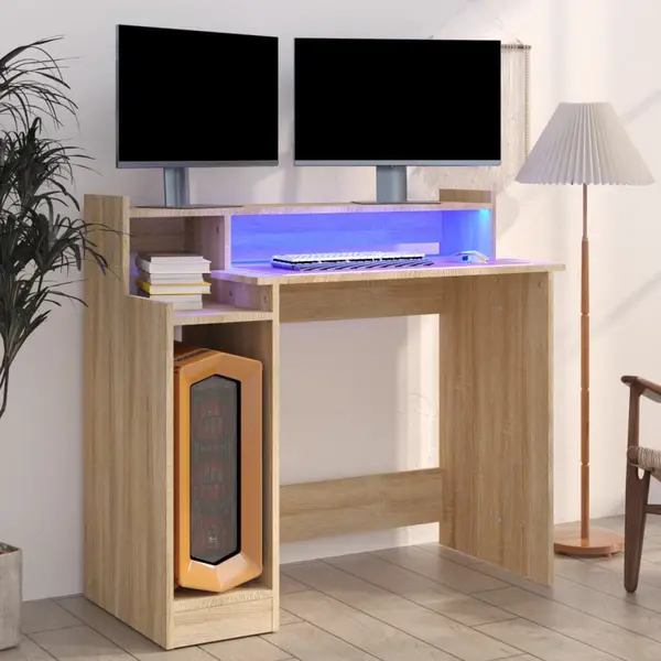 Gossi birou cu lumini led, stejar sonoma, 97x90x45 cm, lemn compozit