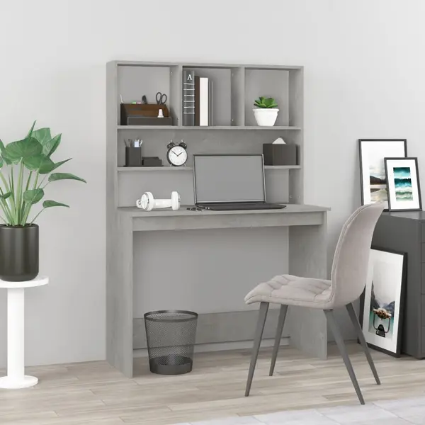 Gossi birou cu rafturi, gri beton, 102x45x148 cm, lemn compozit