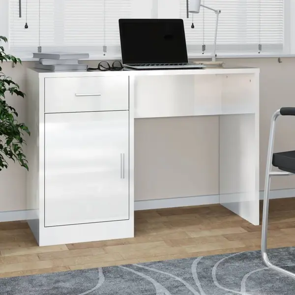Gossi birou cu sertar si dulap, alb extralucios, 100x40x73 cm, lemn