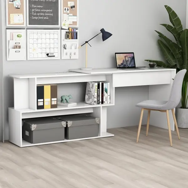 Gossi birou de colt, alb, 200x50x76 cm, lemn prelucrat