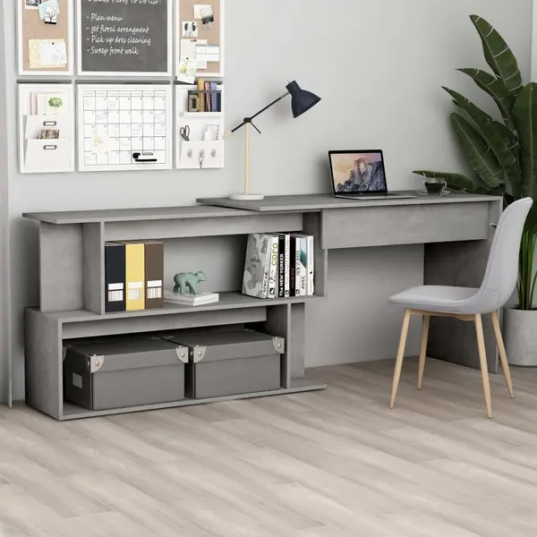 Gossi birou de colt, gri beton, 200x50x76 cm, lemn prelucrat
